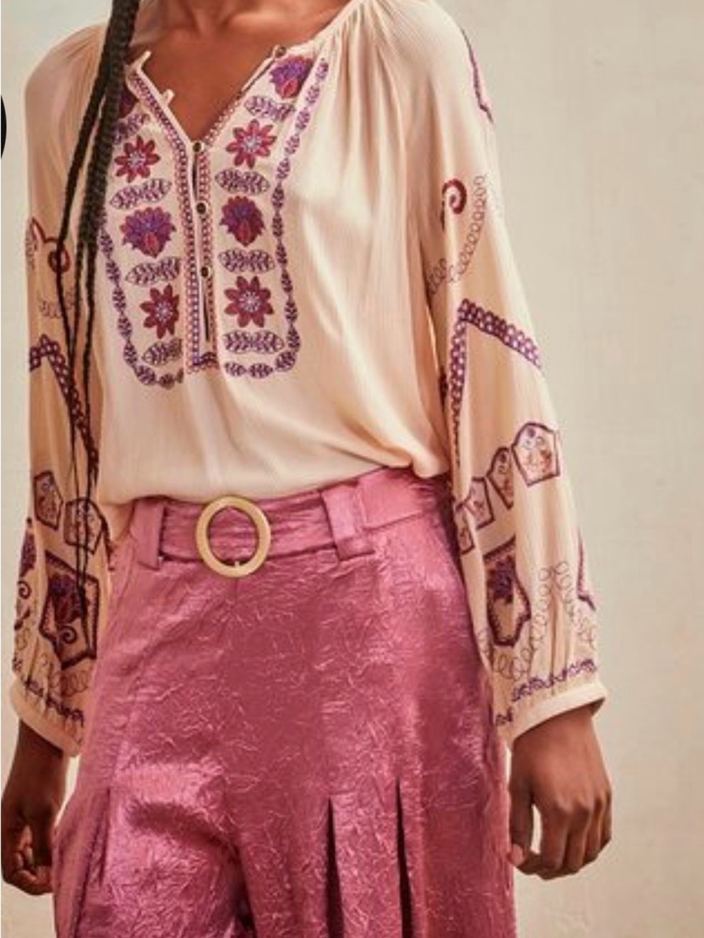 Embroidered Peasant Blouse in Peach and Purple